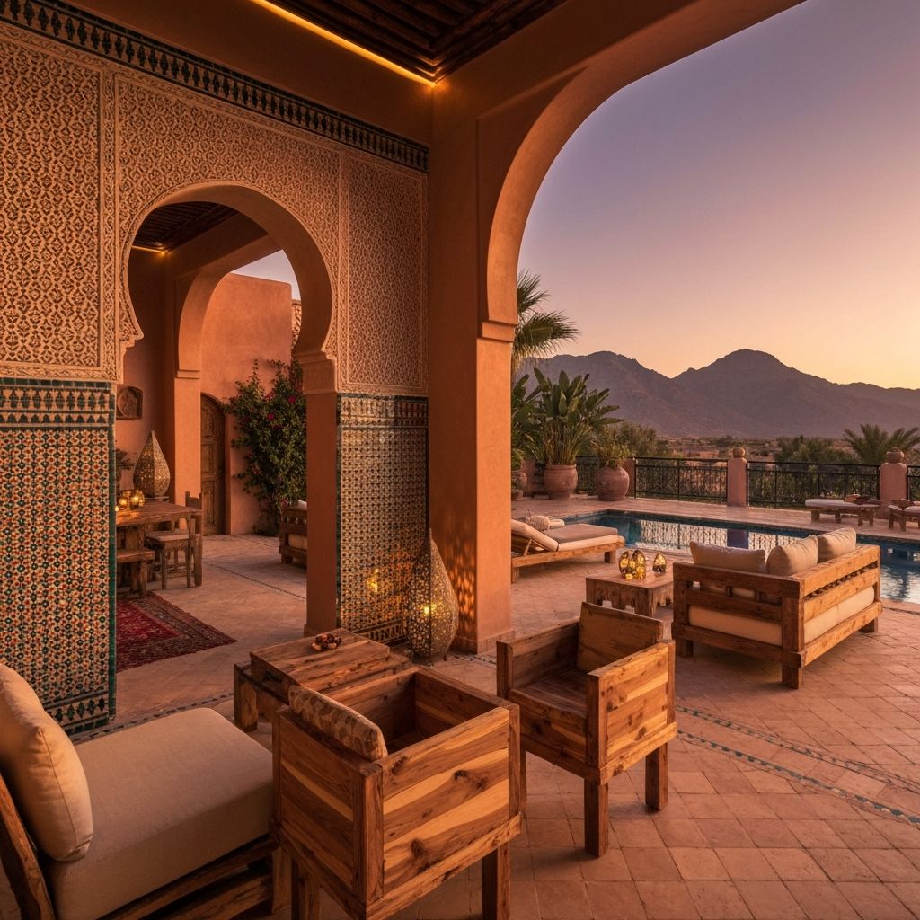 Luxury Moroccan palace interior with intricate archways and zellige tilework